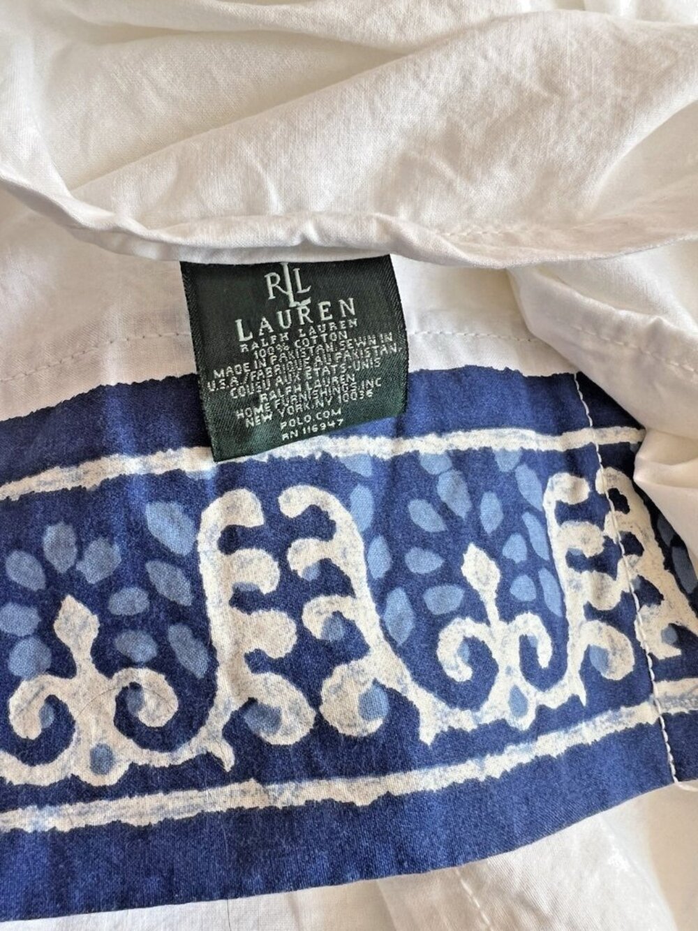 RALPH LAUREN Seychelles QUEEN Flat Sheet BLUE White Batik Border 100% Cotton